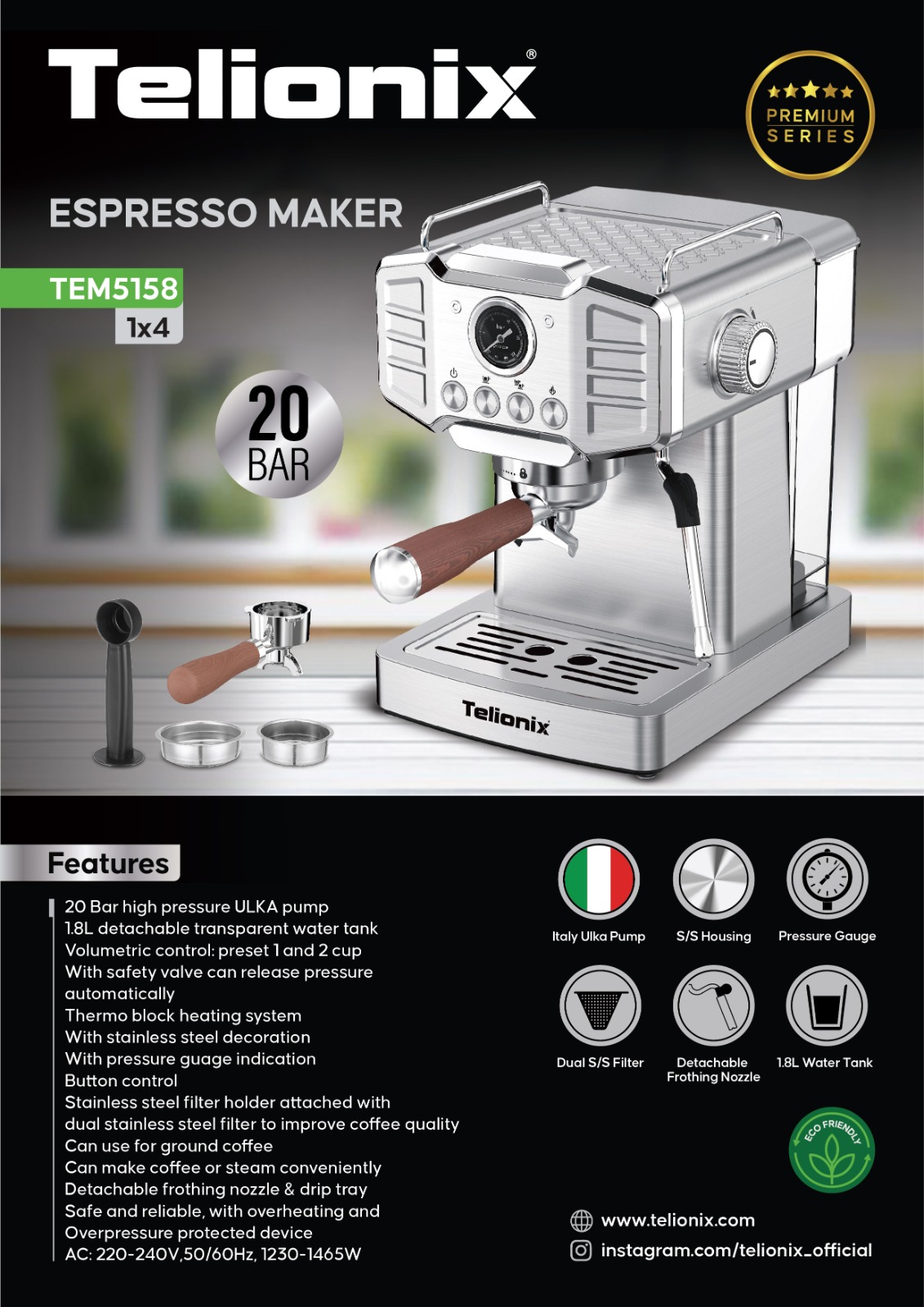 اسپرسو ساز تلیونیکس مدل TEM5158 ظرفیت ۱.۸ لیتر