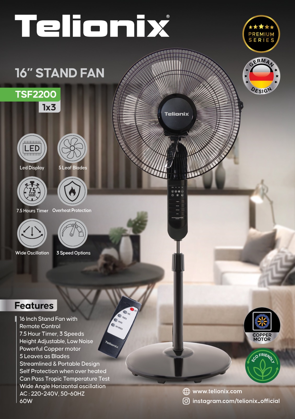 پنکه ایستاده تلیونیکس مدل TSF2200 ریموت دار با ۵ پره