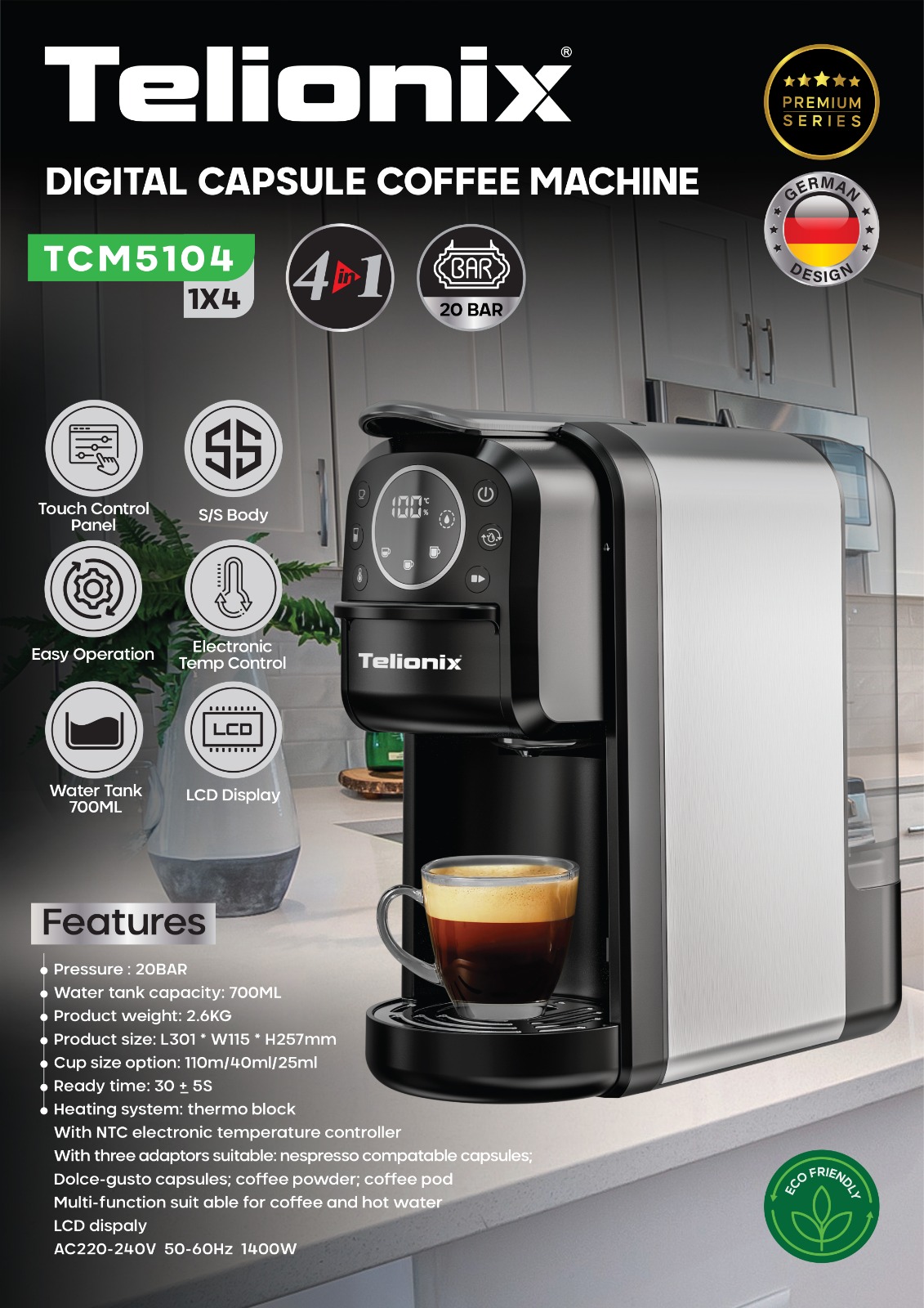 نسپرسو اتومات ۴کاره تلونیکس مدل ۵۱۰۴