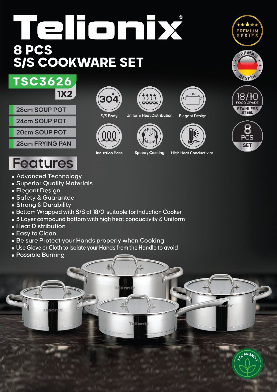 سرویس قابلمه استیل تلیونیکس مدل TSC3626 ظرفیت ۸ پارچه