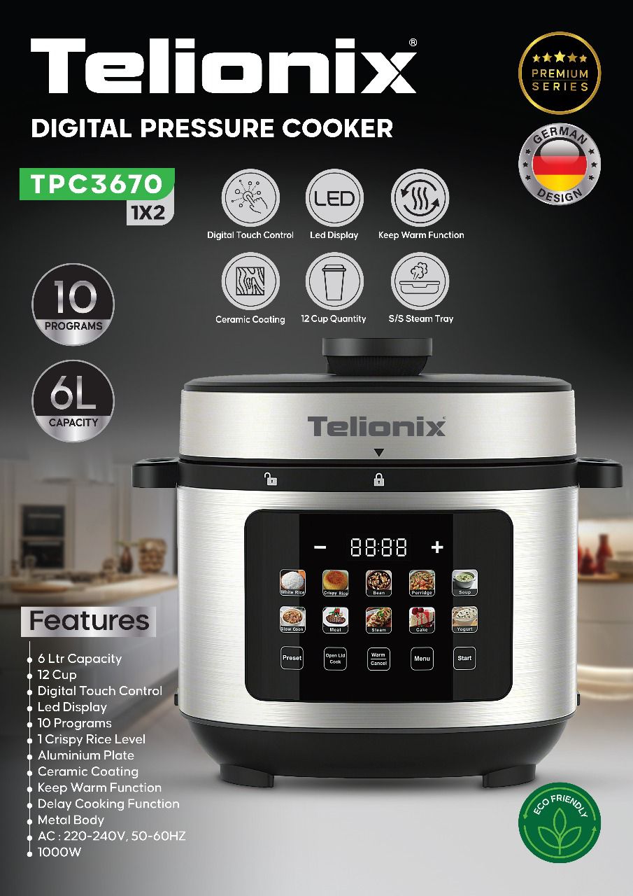 زودپز برقی تلیونیکس مدل TPC3670 ظرفیت ۶ لیتر چند کاره استیل