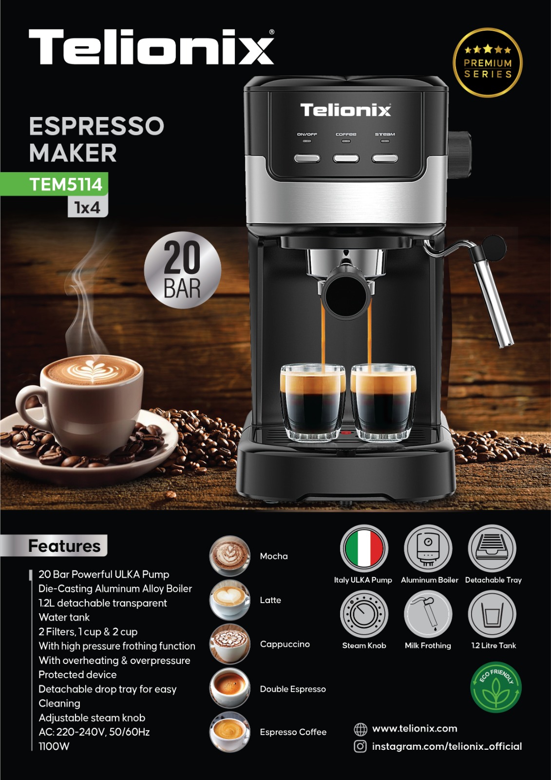 اسپرسوساز تلیونیکس مدل TEM5114 ظرفیت ۱.۲ لیتر با فیلتر استیل