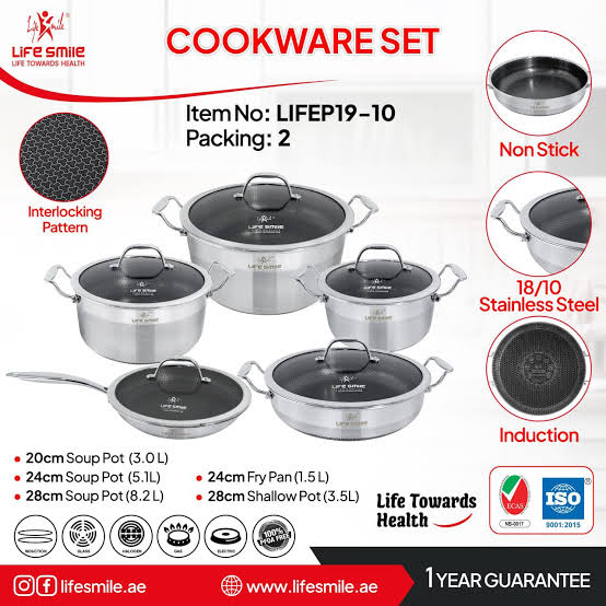 سرویس قابلمه ۱۰ پارچ استیل کف لیزری لایف اسمایل مدل lifep19_10 (استیل نچسب)